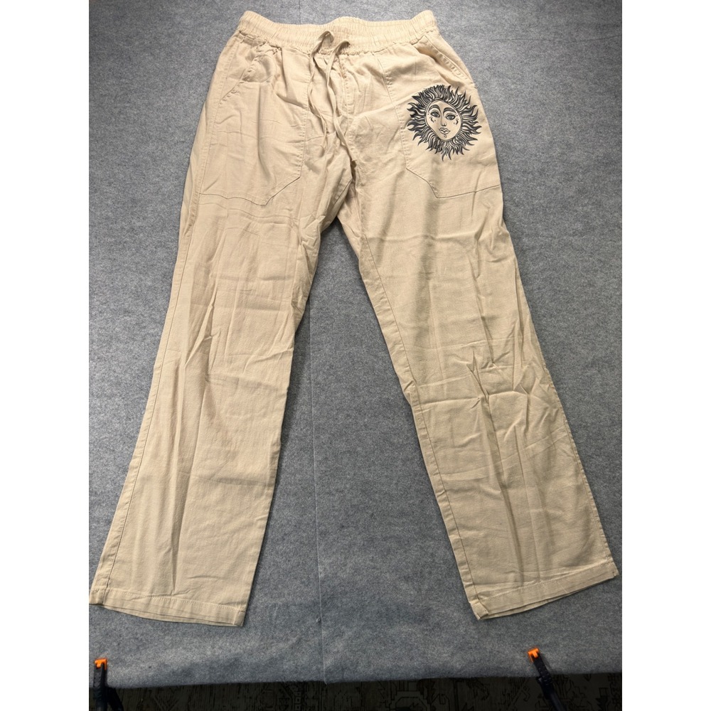 Puimentiua Cotton Linen Pants Men Size Medium Beige Sun Graphic Beach Loose Fit - Picture 2 of 13
